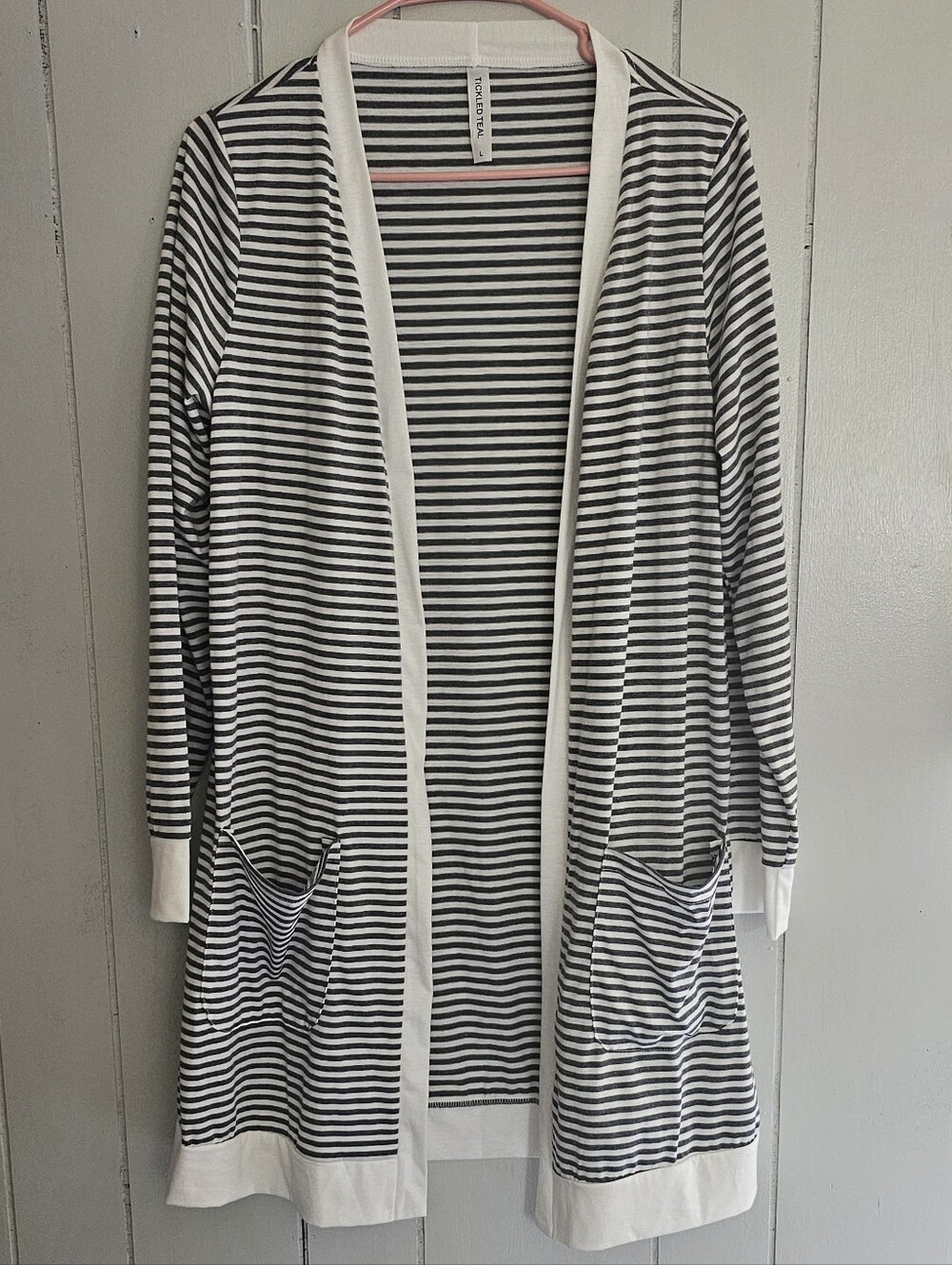 Tickled teal Grey and White Striped Open Cardigan